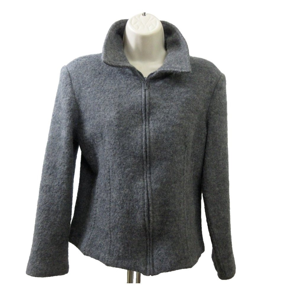 Sarah Jacket Blazer Size Large 100% Felted Wool Heather Gray Zip Up Front Collar